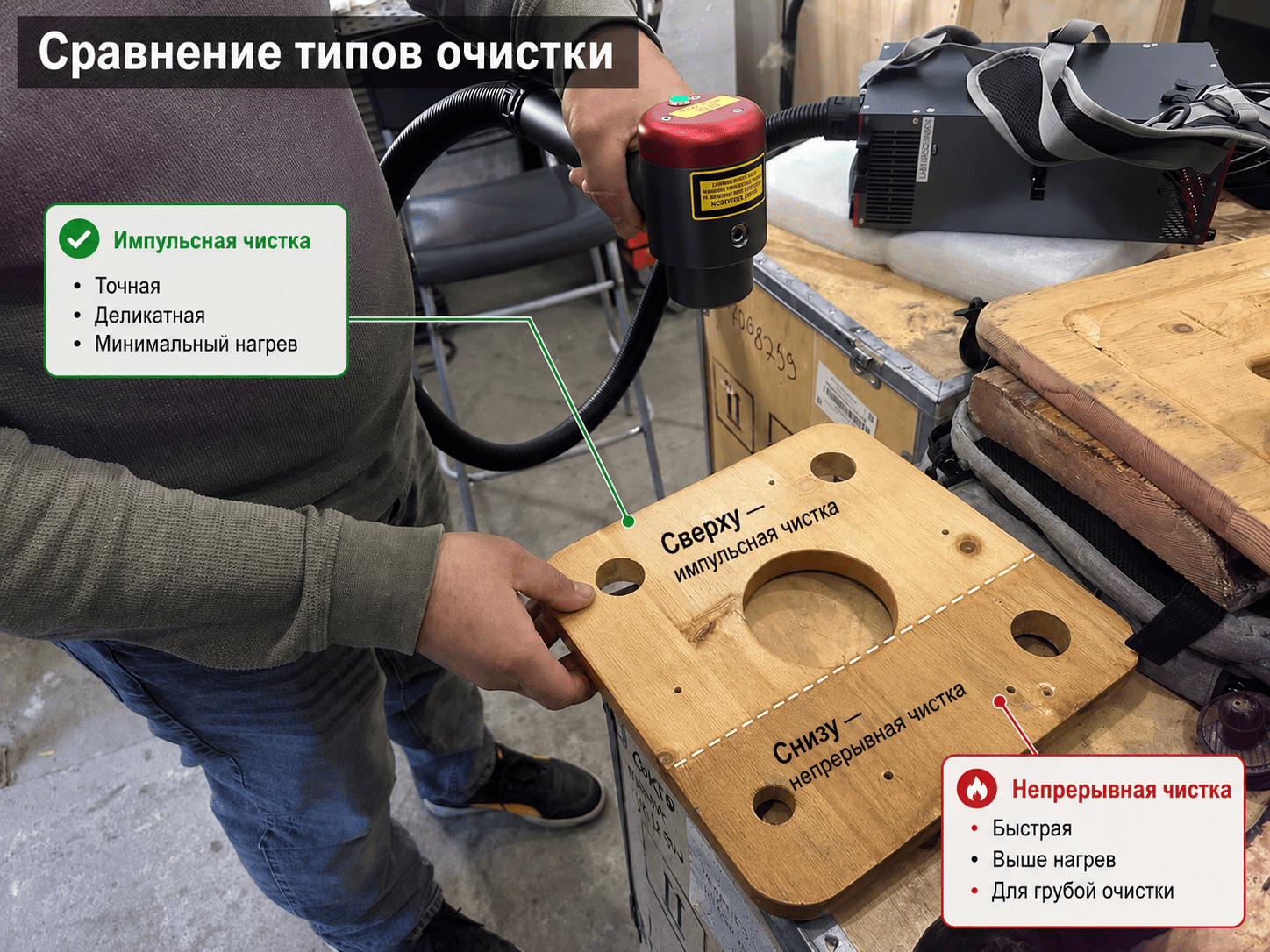 Примеры различий импульсной и непрерывной очистки на материалах
